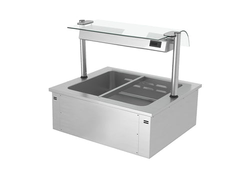 Drop-in Bain Marie - 800mm - 2x GN 1/1 - 200mm deep - Wet Heat - 1,46 kW - with Glass Sneeze Guard