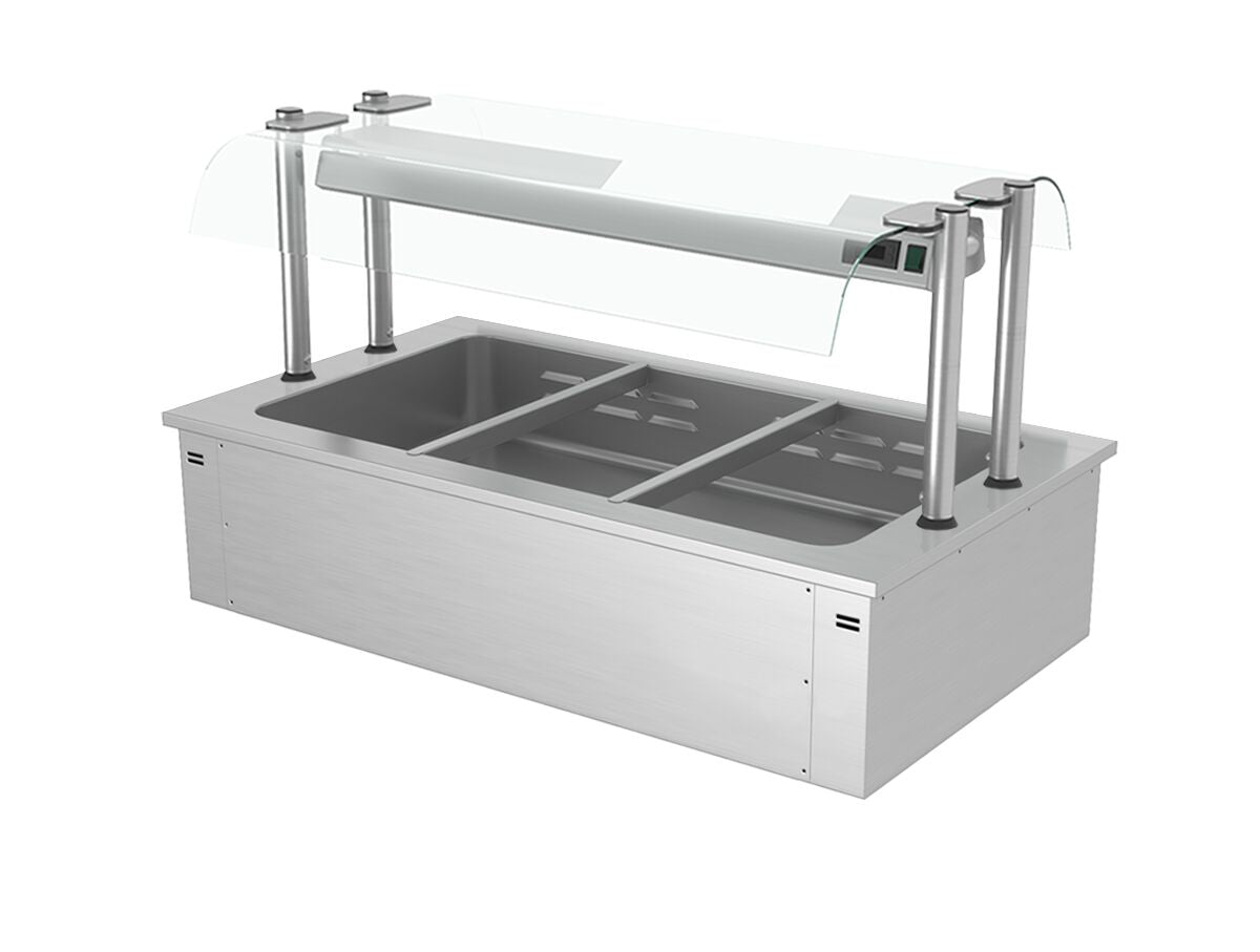Drop-in Bain Marie - 3x GN 1/1 - 200mm deep - 2,59 kW - with Glass Sneeze Guard - incl. Cooling Tray