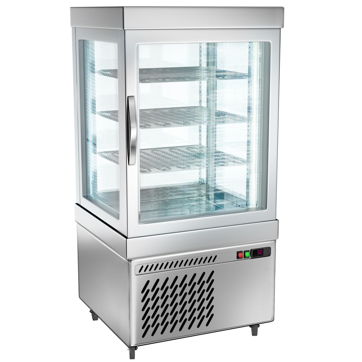 4-sivuinen pakastevitriini / Panoramapakastevitriini - 230 l - 670 mm - kolminkertainen lasi - 3 hyllyä - pyörivät hyllyt - LED-valaistus - hopea