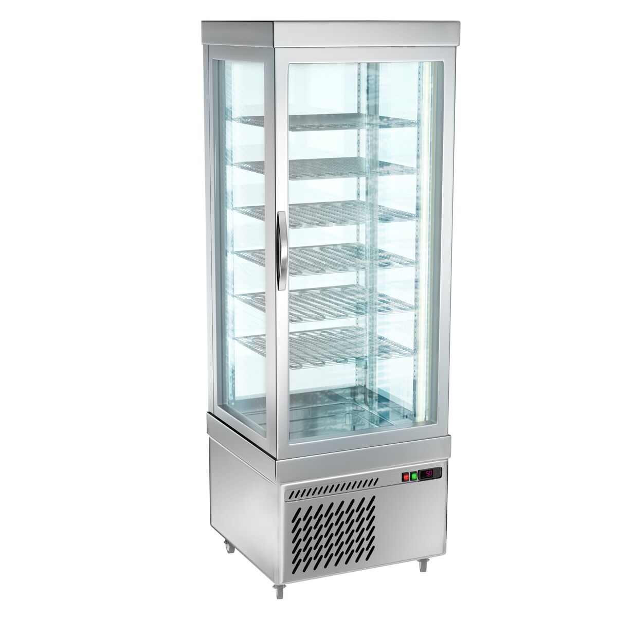 4-sivuinen pakastevitriini / Panoramapakastevitriini Marie - 430 l - 670 mm - kolminkertainen lasi - 1 lasiovi - pyörivät hyllyt - LED-valaistus - hopea