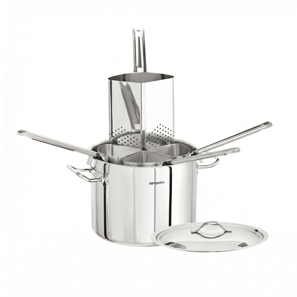 Pastakattila - Ruostumaton teräs - 22,4 l - Ø 360 mm - Korkeus: 220 mm - sis. 4 keittolävikköä - kolmikerrospohja; sopii induktiolle; sopii kaasulle; sopii keraamiselle liedelle; sopii sähkölevylle; konepesun kestävä