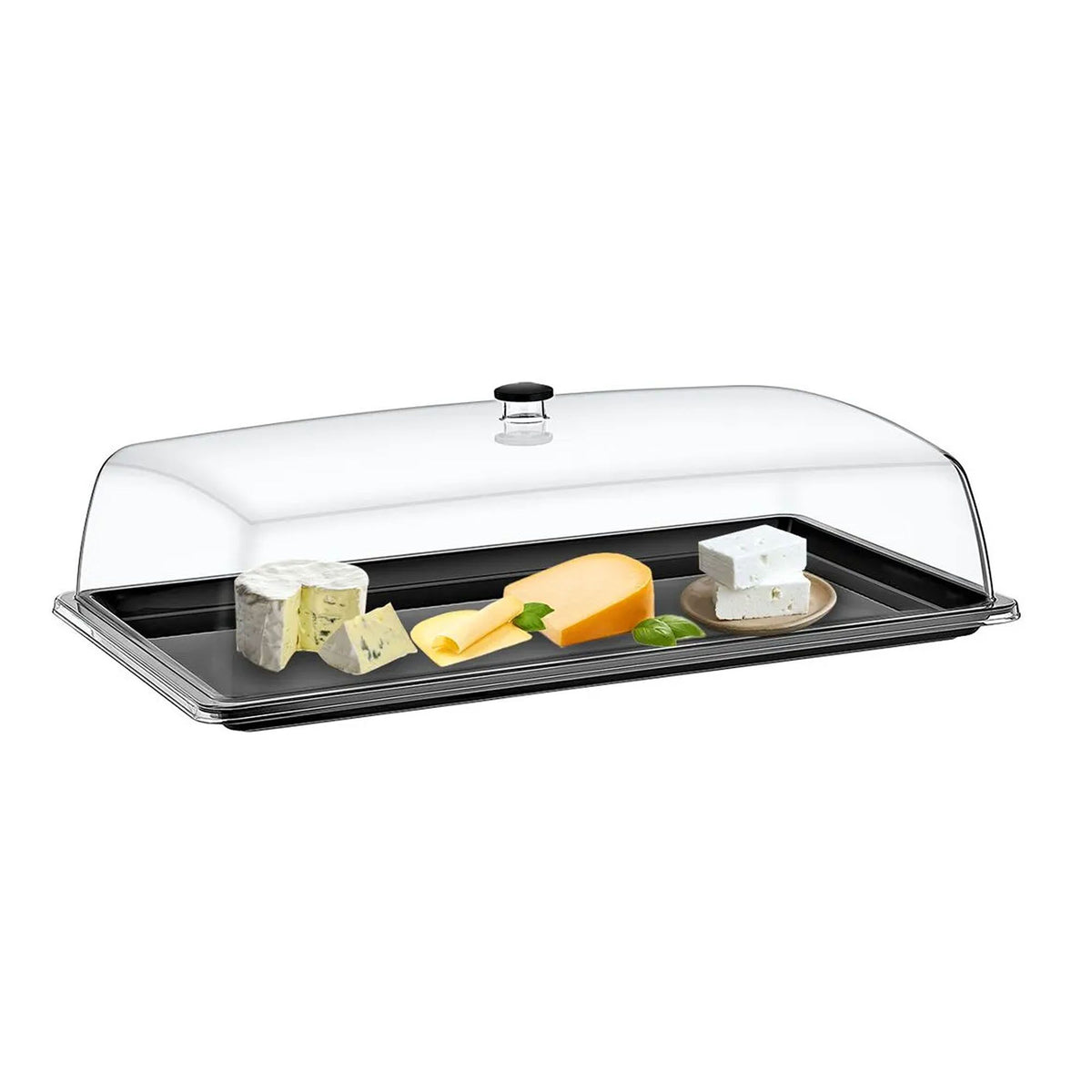 Pöytävitriini - GN 1/2 - polykarbonaatti - 325x265 mm - Korkeus: 170 mm - sopii: GN 1/2 -astialle - sisältää: GN 1/2 -tarjotin, kupu - lisävarusteet: mikroaaltouunin ja astianpesukoneen kestävä