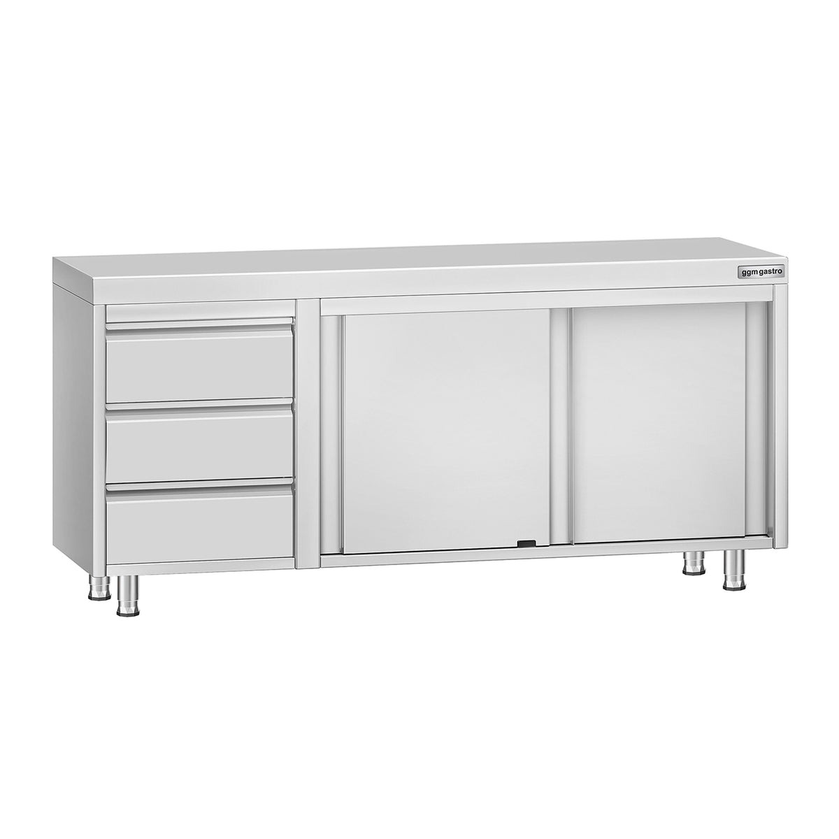 Stainless Steel Floor Cupboard ECO - 1800x700mm - with Sliding Doors - with 3 Drawers left