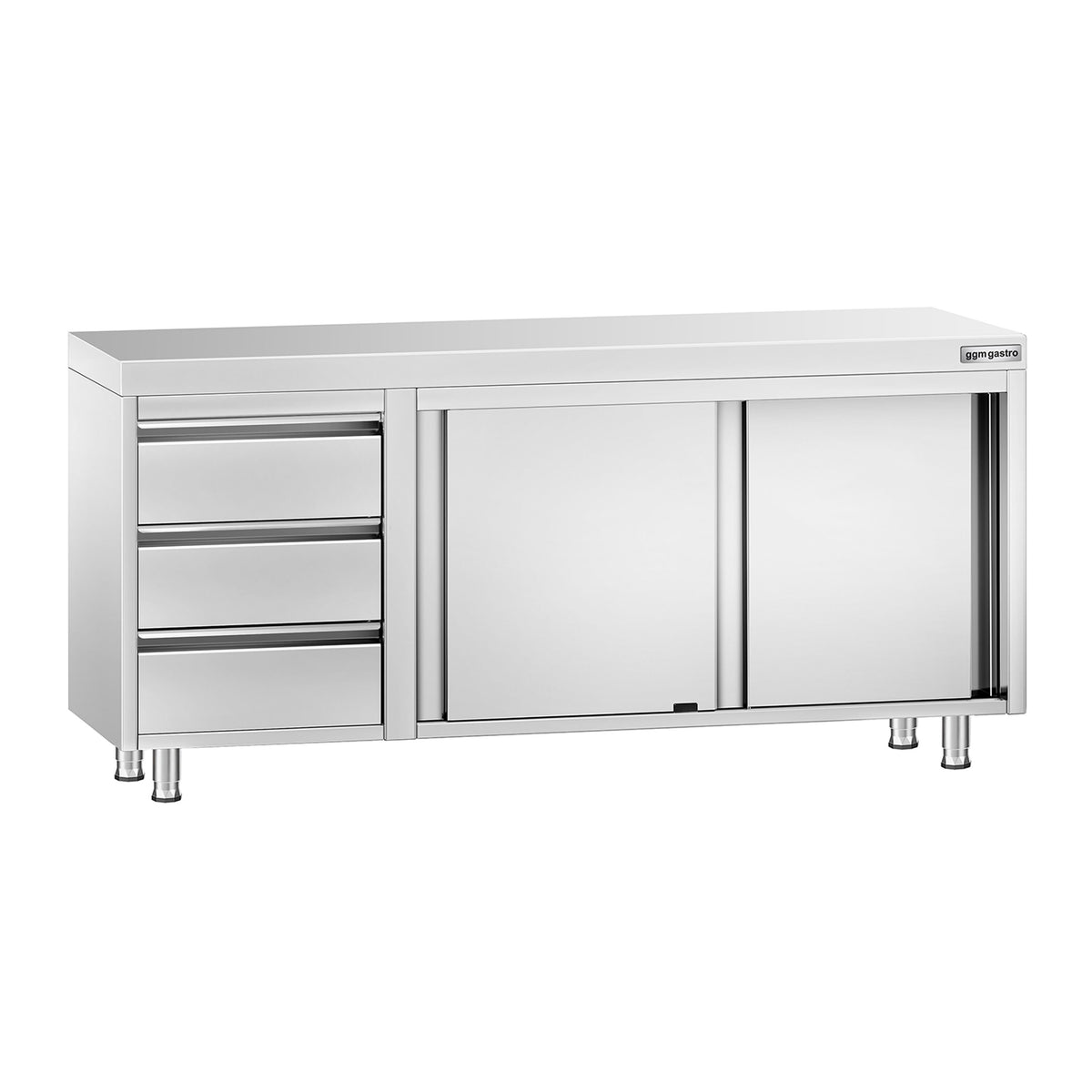 Stainless Steel Floor Cupboard PREMIUM - 1800x700mm - with Sliding Doors - with 3 Drawers left