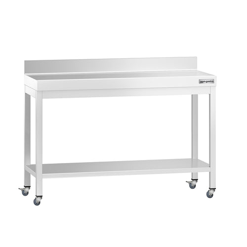Commercial Stainless Steel Table with Upstand PREMIUM - 1200x800mm - with Undershelf - with Wheels - with Rear Upstand