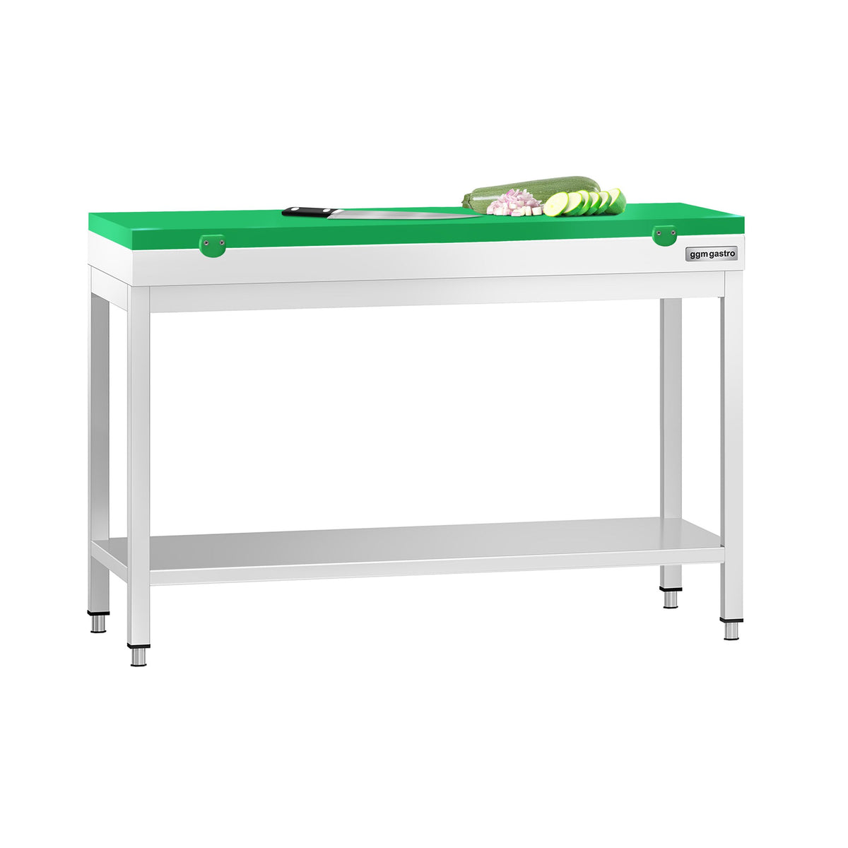 Commercial Stainless Steel Centre Table PREMIUM - 1200x600mm - with Undershelf - with Green Chopping Board