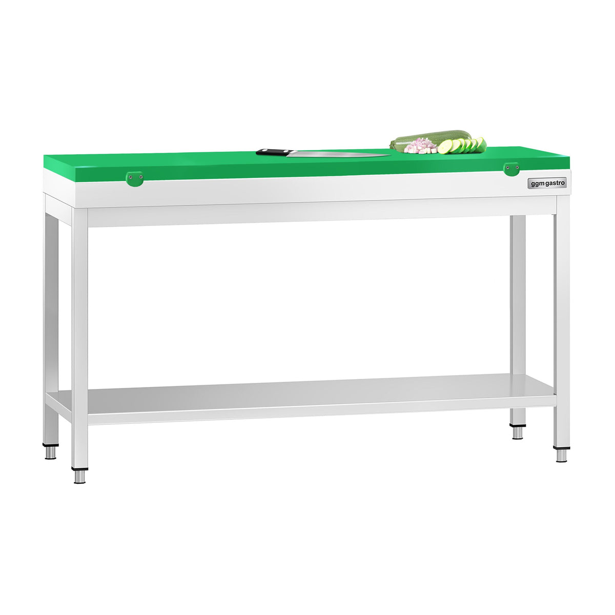 Commercial Stainless Steel Centre Table PREMIUM - 1500x600mm - with Undershelf - with Cross Bracing - with Green Chopping Board