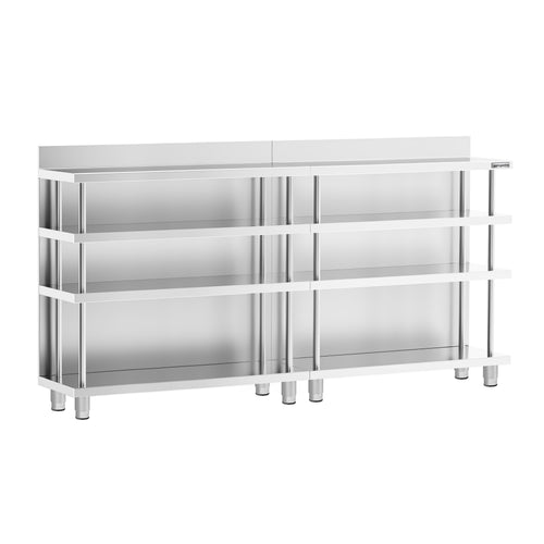 Baari-työpöytä - ruostumatonta terästä - 2000x400 mm - 4 hyllyä & 4 hyllyä