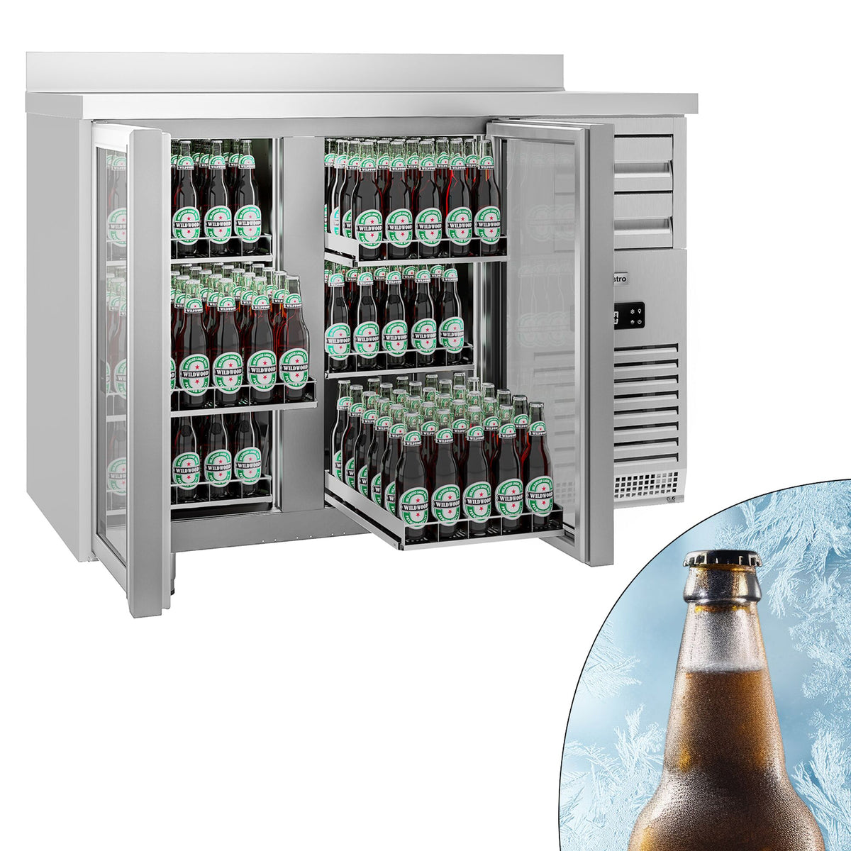 RST-baarikylmäpöytä PREMIUM PLUS - SUPERCOOLER - 1475x700 mm - 440 l - varustettu: 2 lasiovea, 6 vetolaatikkoa, LED-valaistus & takakoroke - AISI 304