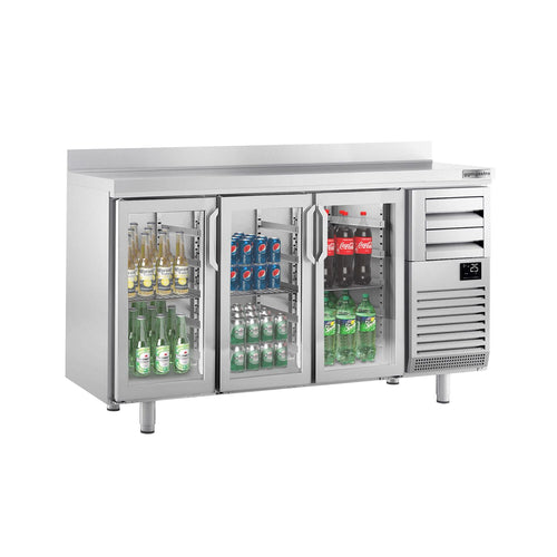 RST-baarikylmäpöytä PREMIUM PLUS - Barkühltische Premium PLUS - Glas - 1960x600 mm - 520 l - varustettu: 3 lasiovea, 2 vetolaatikkoa & takakoroke