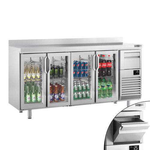 RST-baarikylmäpöytä PREMIUM PLUS - 2452x600 mm - 690 l - varustettu: 4 lasiovea, 2 vetolaatikkoa, GN 1/2 -ritilät & takakoroke