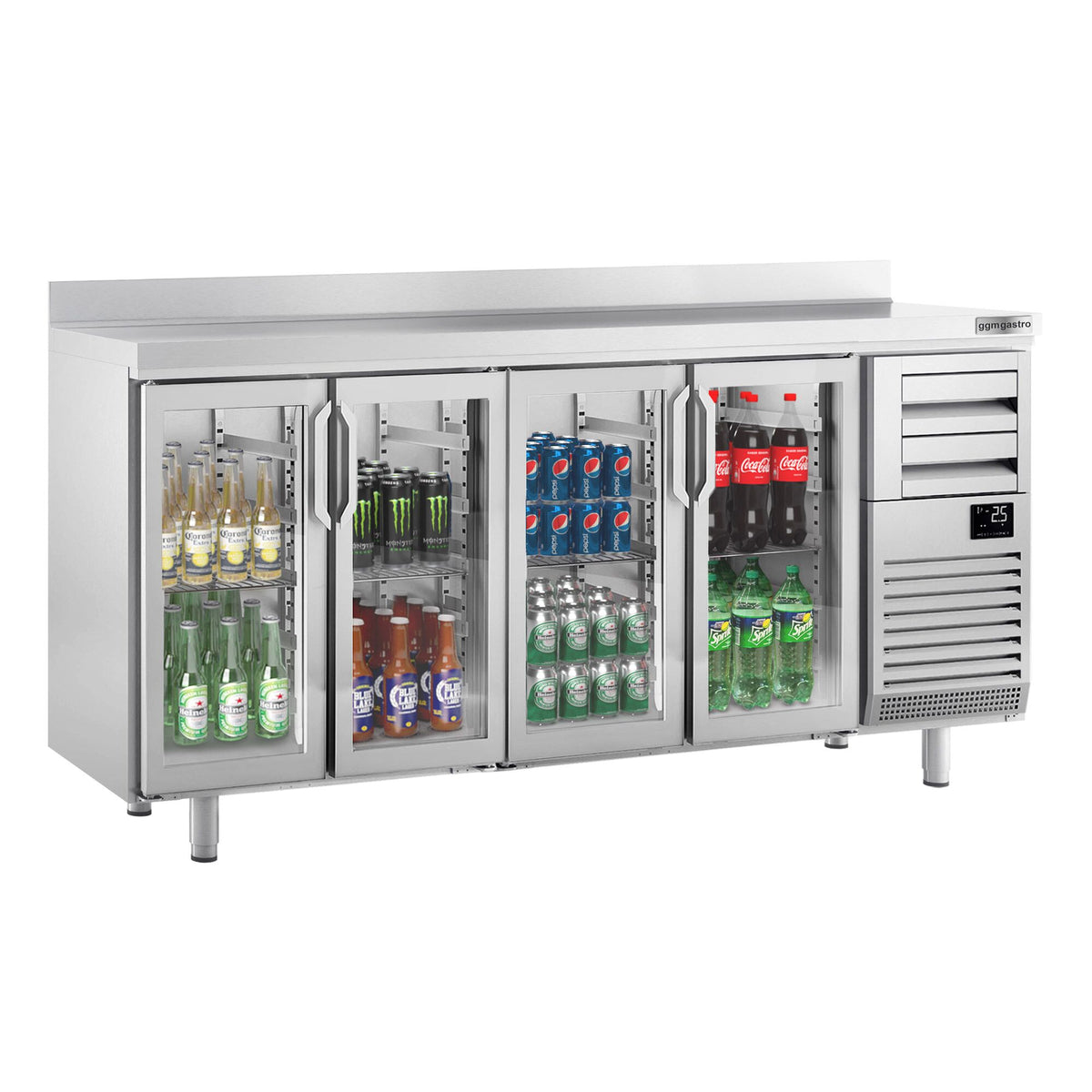 RST-baarikylmäpöytä PREMIUM PLUS - 2452x600 mm - 690 l - varustettu: 4 lasiovea, 2 vetolaatikkoa & takakoroke