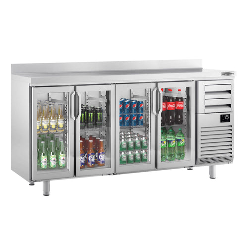 RST-baarikylmäpöytä PREMIUM PLUS - 2452x600 mm - 690 l - varustettu: 4 lasiovea, 2 vetolaatikkoa & takakoroke