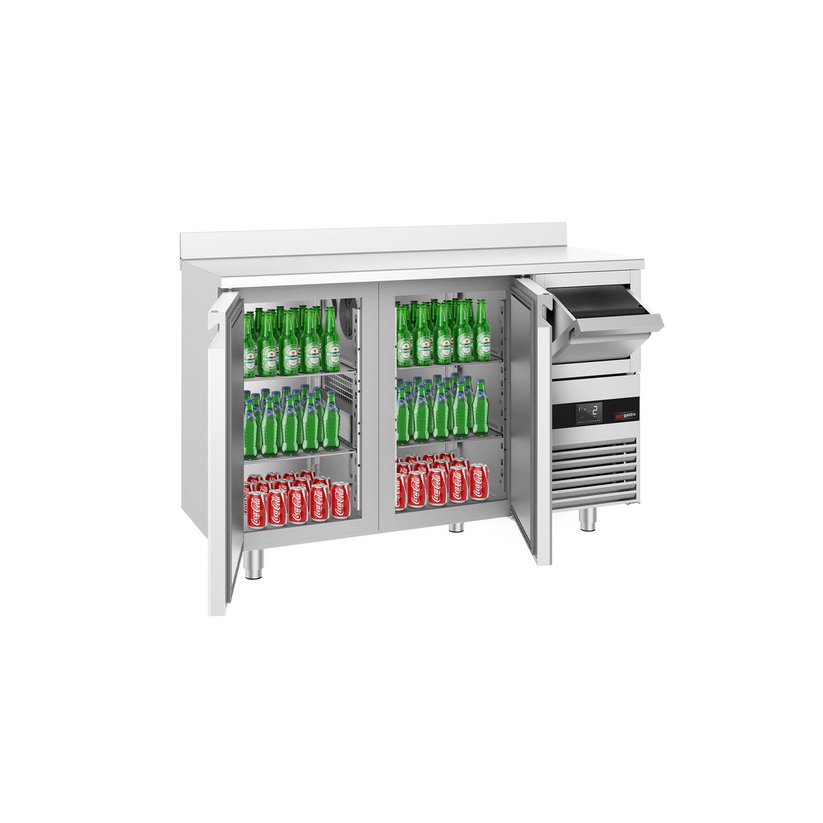 RST-baarikylmäpöytä PREMIUM - 1580x600 mm - 365 l - varustettu: 2 ovea, digitaalisesti ohjattu termostaatti, työskentelytaso takakorokkeella & kahvin koputin