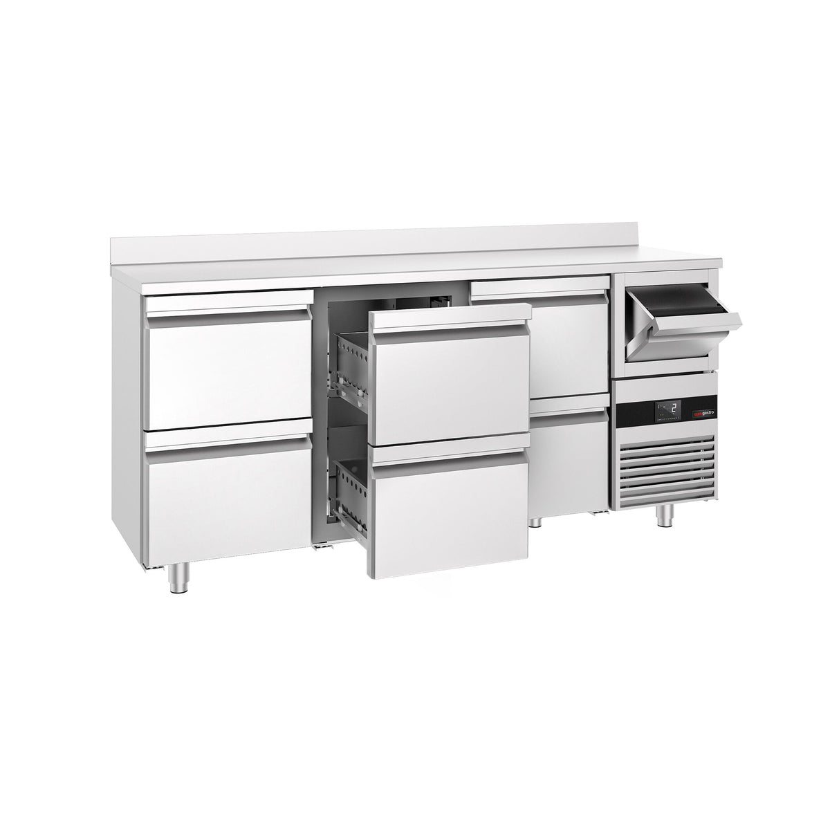 Commercial Refrigerated Back Bar Counter PREMIUM - 2135x600x1150mm - with 6 Drawers, upstand & knock box for coffee - 570L