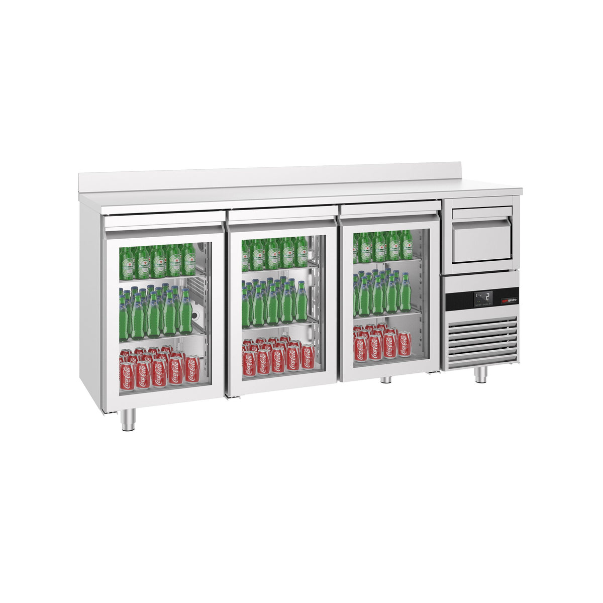 RST-baarikylmäpöytä PREMIUM - 2140x600 mm - 632 l - varustettu: 3 lasiovea, työskentelytaso takakorokkeella & kahvin koputin