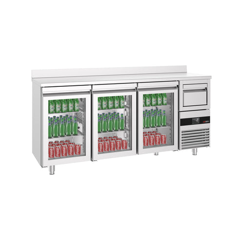 RST-baarikylmäpöytä PREMIUM - 2140x600 mm - 632 l - varustettu: 3 lasiovea, työskentelytaso takakorokkeella & kahvin koputin
