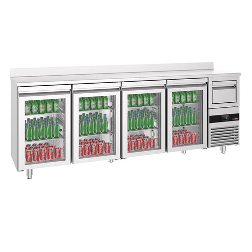 RST-baarikylmäpöytä PREMIUM - 2690x600 mm - 710 l - varustettu: 4 lasiovea, takakoroke & kahvin koputin