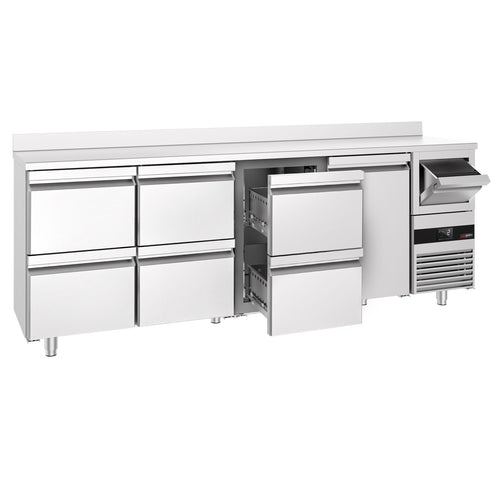 RST-baarikylmäpöytä PREMIUM - 2690x600 mm - 775 l - varustettu: 1 ovi, 6 vetolaatikkoa, takakoroke & kahvin koputin