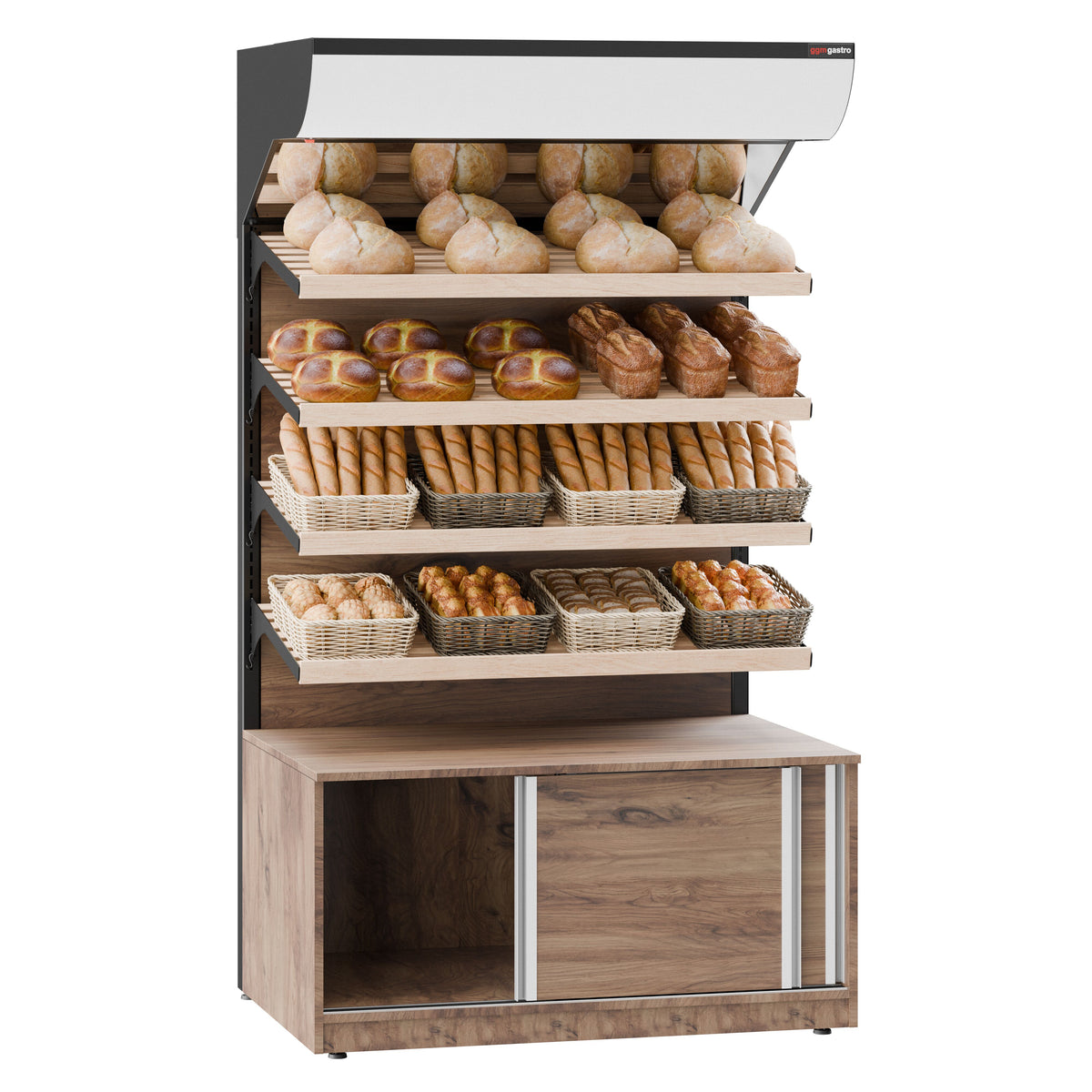 Leipähylly - 1 200 mm - 4 hyllyä - musta, puuviimeistely hyllyissä