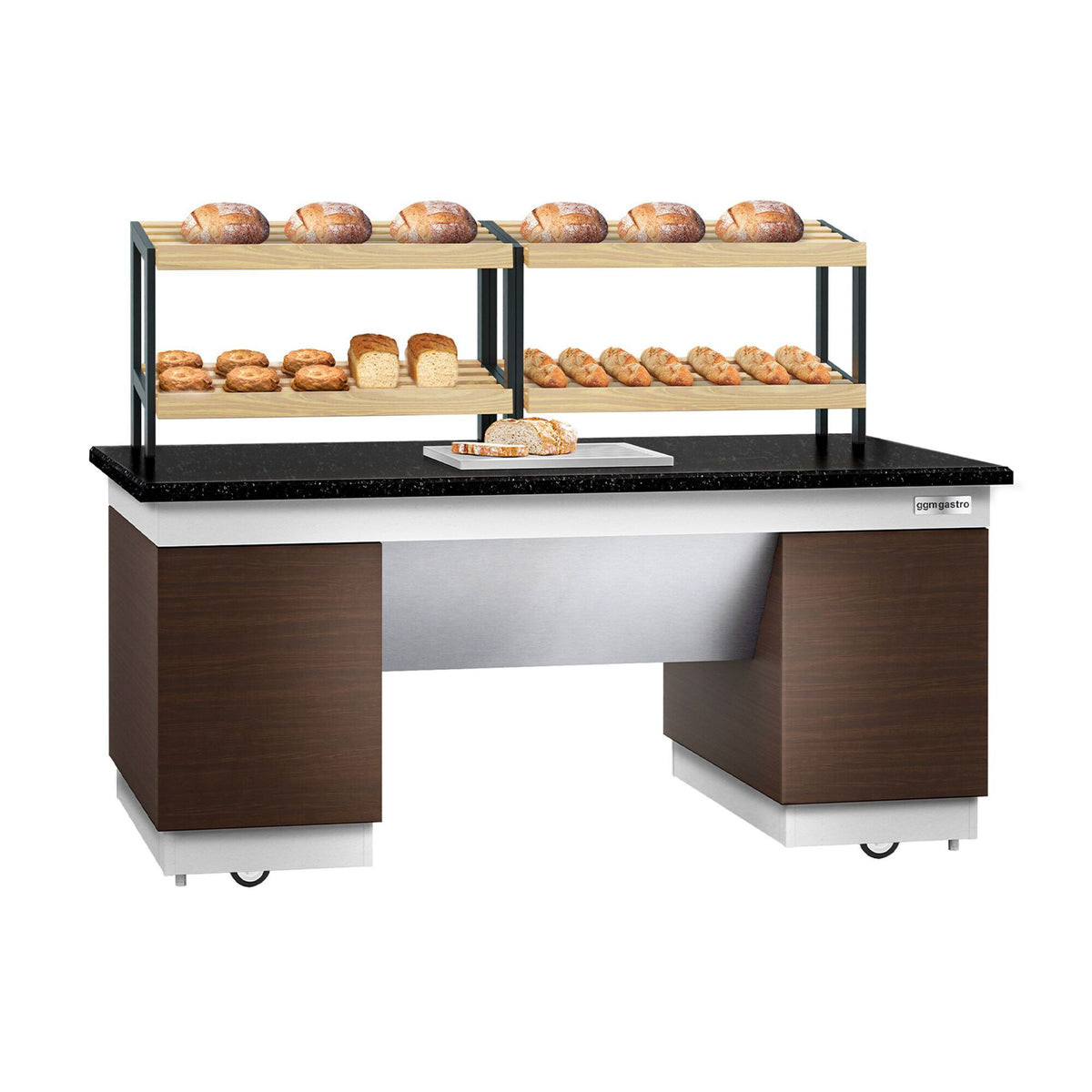 Bakery Buffet Display Counter DUBLIN - 2000mm - with 2 Shelves - on Castors - Black Granite Worktop