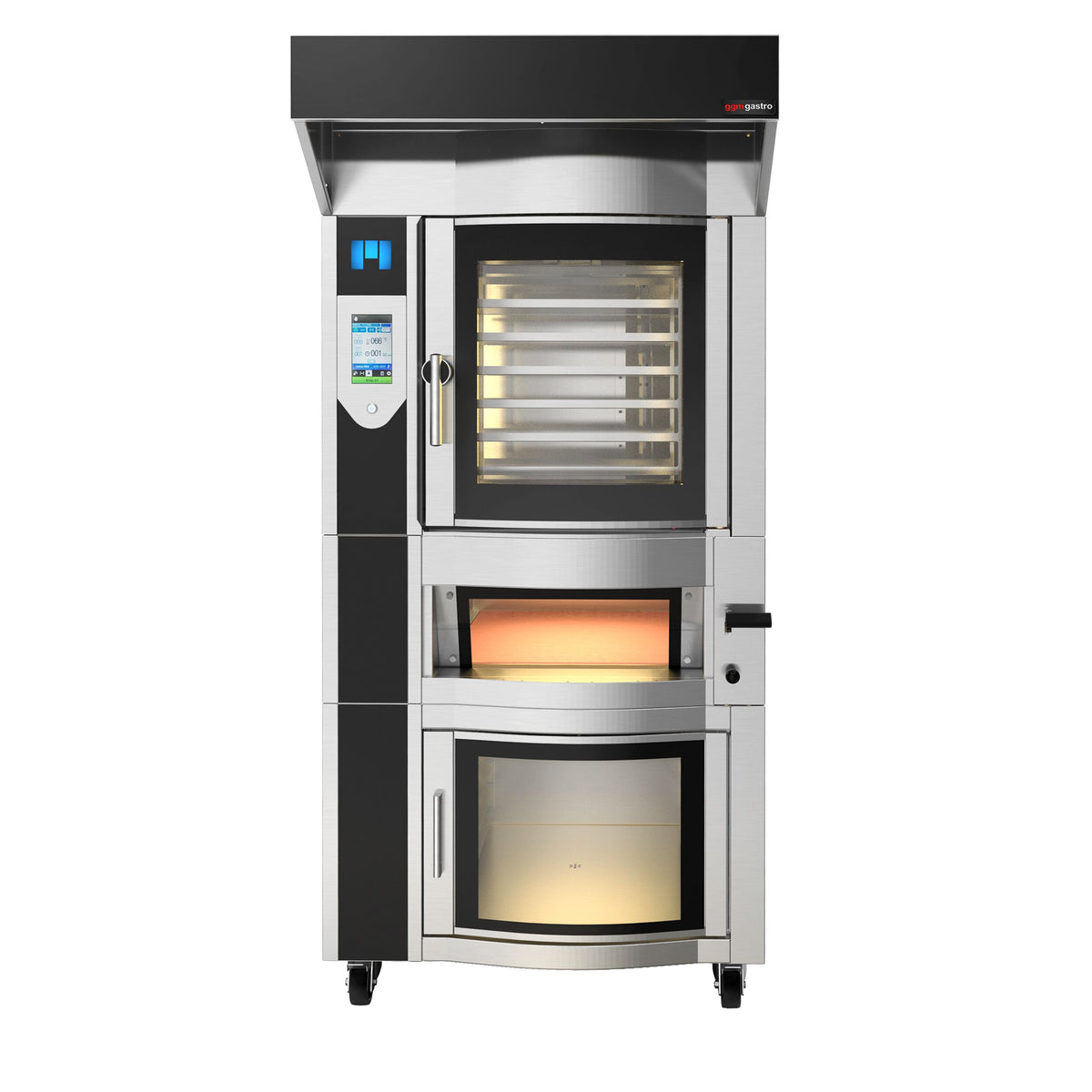 Sähkökäyttöinen Kiertoilmauuni - höyrytoiminto - Kosketusnäyttö - 6 x EN 600x400 - sis. pizzauuni & huputin & käyväskaappi