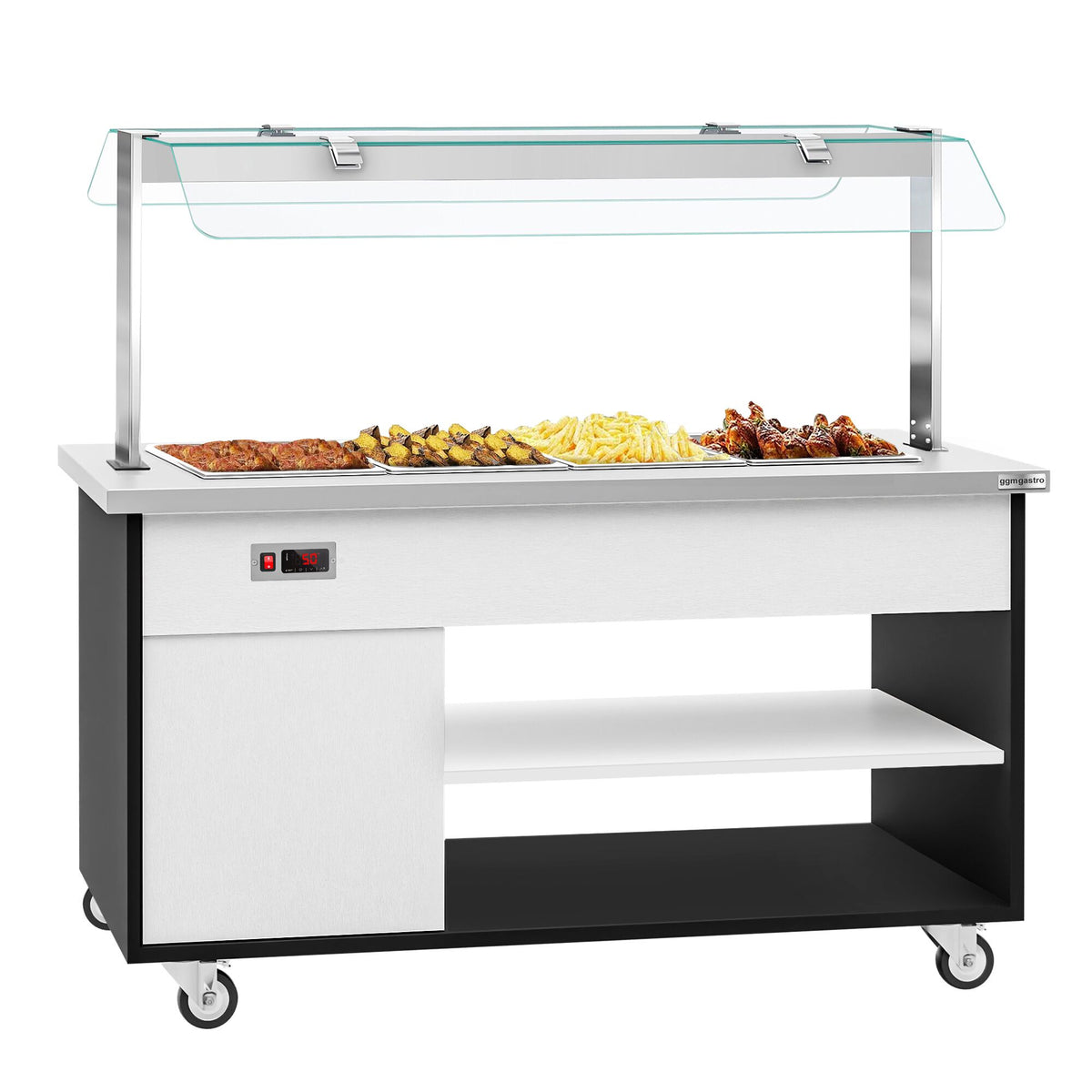 Heated Bain Marie Buffet Counter DANZIG - 1600mm - for 4x GN 1/1 - Mobile - with Gantry - with Sneeze Screen 