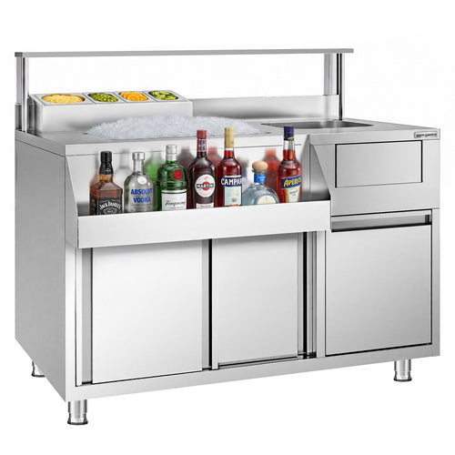 Cocktail-työpöytä - ruostumatonta terästä - 1200x720 mm - 2 liukuovella & 1 allas oikealla & 4 GN 1/6 -paikkaa