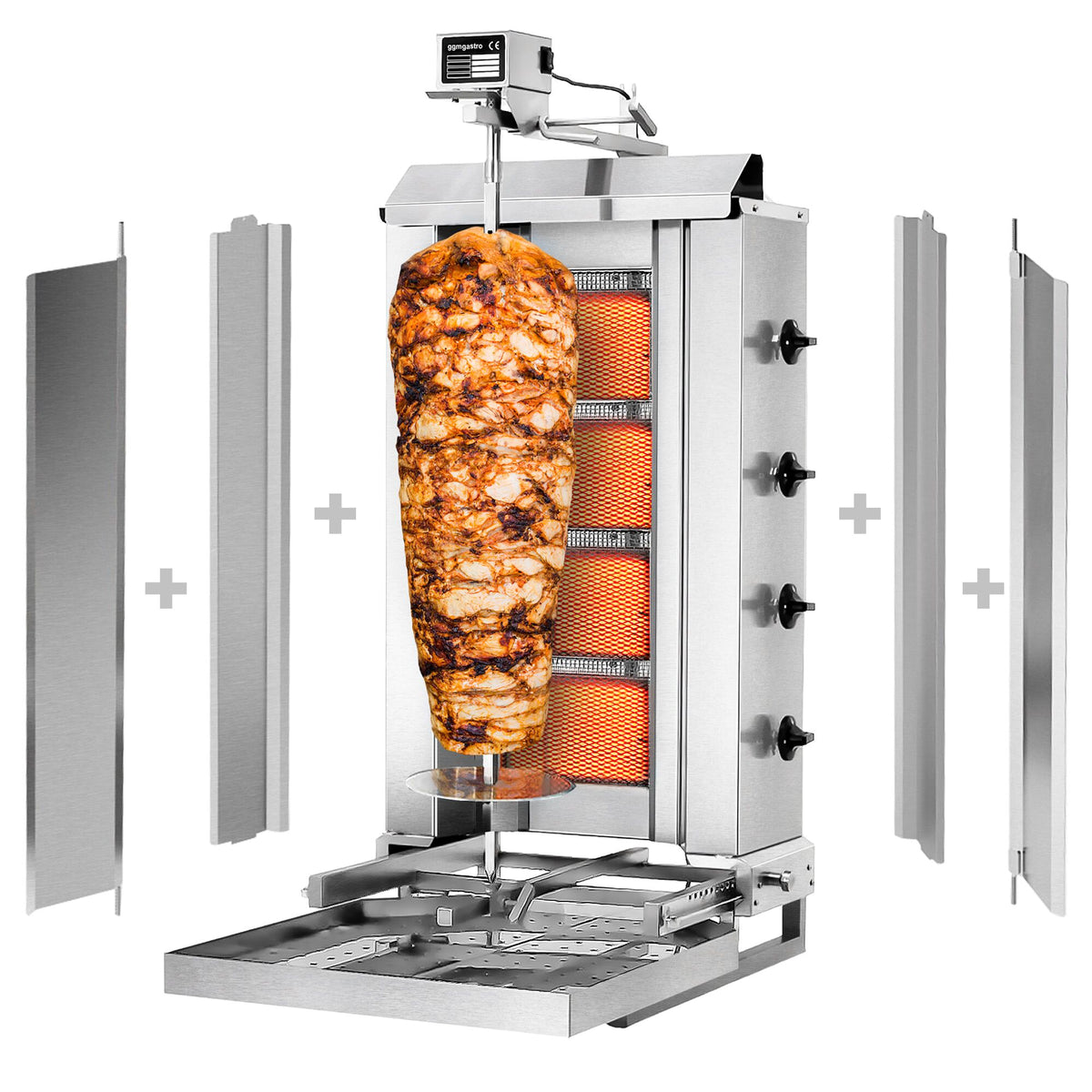 Kaasu Kebabgrilli - 4 poltinta - 13 kW - max. 60 kg lihaa - Pöytämalli - sis. 2 suojalevyä ja 2 pariovea