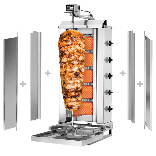 Kaasu Kebabgrilli - siirrettävä - 5 poltinta - 16,25 kW - max. 80 kg lihaa - Lattiamalli - sis. 2 suojalevyä ja 2 pariovea
