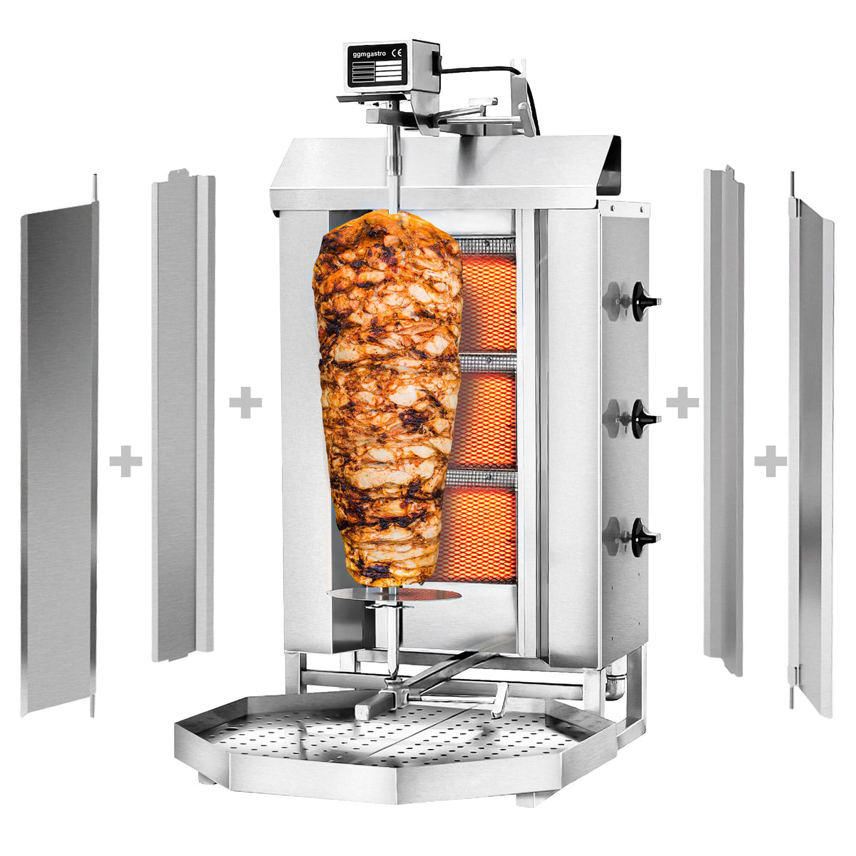 Gas Doner Kebab Grill (Shawarma/Gyros) - 3 Burner - up to 40kg - 9.75kW - Countertop - incl. 2 splash guards & 2 double doors