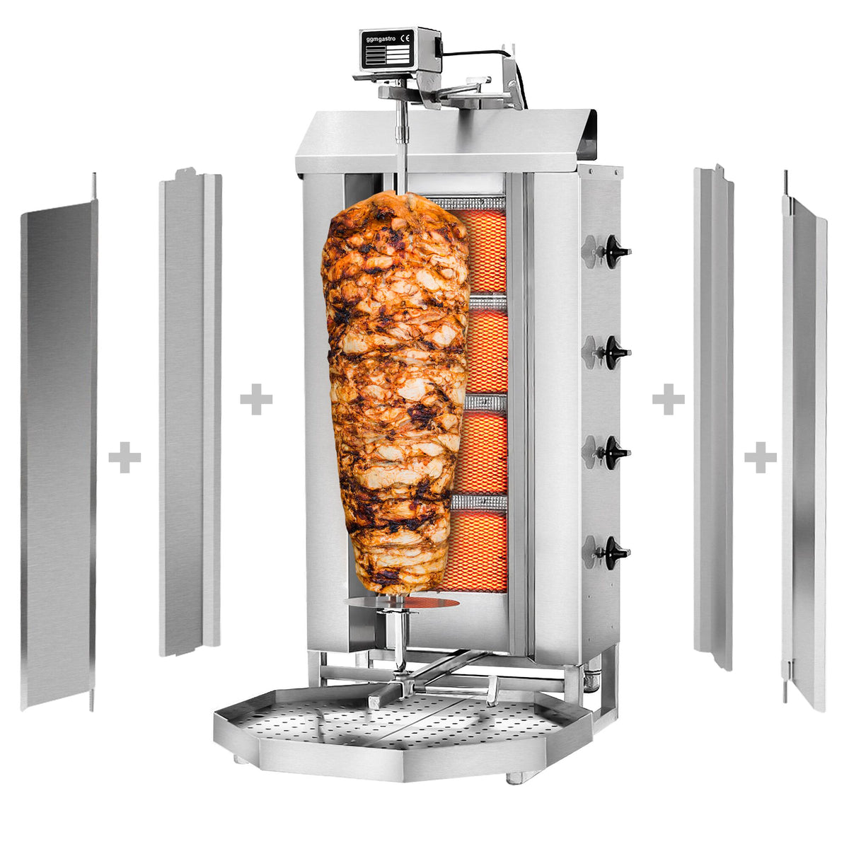 Kaasu Kebabgrilli - 4 poltinta - 13 kW - max. 60 kg lihaa - Pöytämalli - sis. 2 suojalevyä ja 2 pariovea