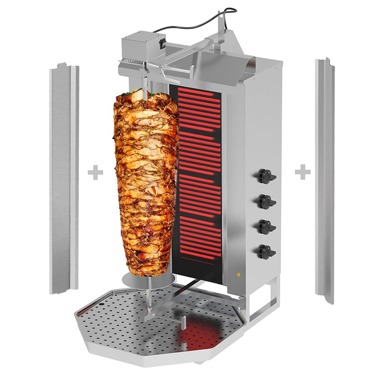 Sähkö Kebabgrilli - 4 poltinta - 7,20 kW - max. 60 kg lihaa - Pöytämalli - sis. 2 pariovea ja rasvankeräysastia