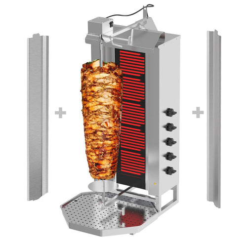 Sähkö Kebabgrilli - 5 poltinta - 9 kW - max. 80 kg lihaa - sis. 2 pariovea