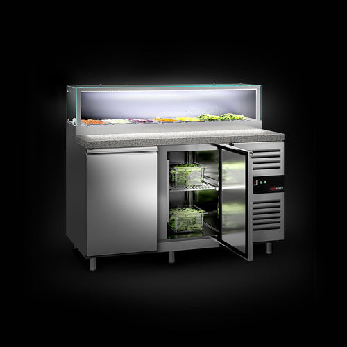 Commercial Saladette Counter PREMIUM - 1510mm - 390L - 2 doors - with glass canopy for 7 x GN 1/3