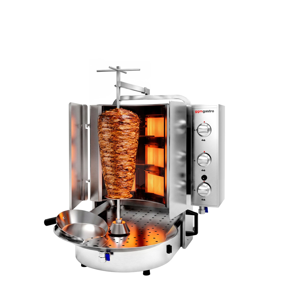 Kaasu Kebabgrilli - ROBAX®-lasilla - 6 poltinta - 12 kW - max. 60 kg lihaa - Pöytämalli - sis. varta, kiinnitysklipsin, lihalautasen, tippakaukalon, döner-lapion ja pariovet