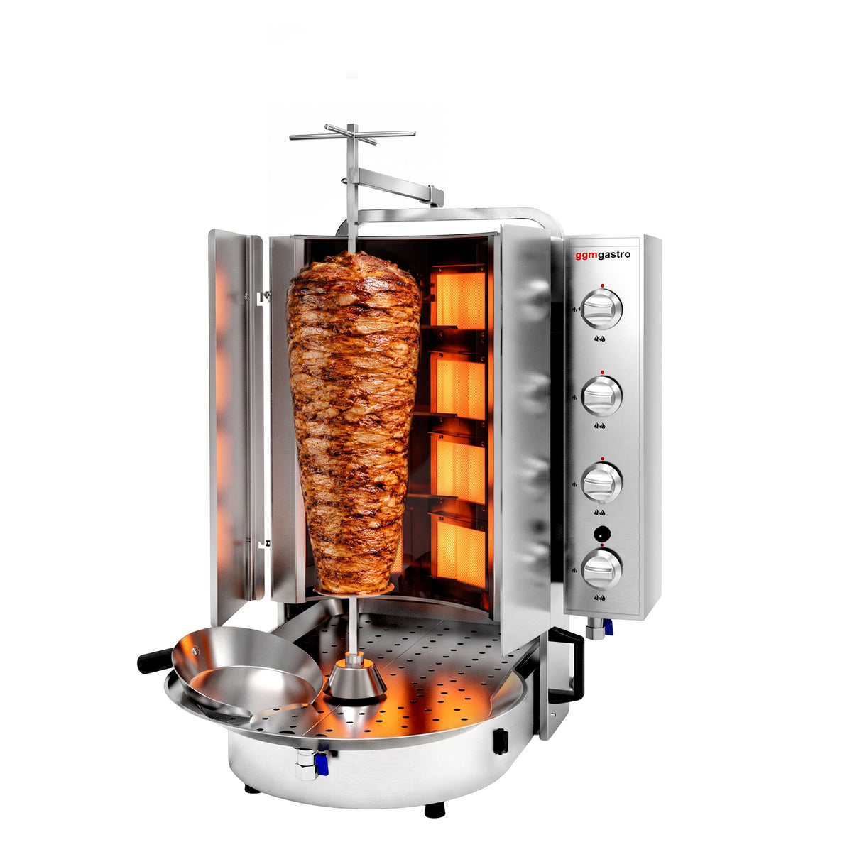 Kaasu Kebabgrilli - ROBAX®-lasilla - 8 poltinta - 16 kW - max. 75 kg lihaa - sis. spieß, klammer, fleischteller, auffangschale, dönerschaufel ja flügeltüren