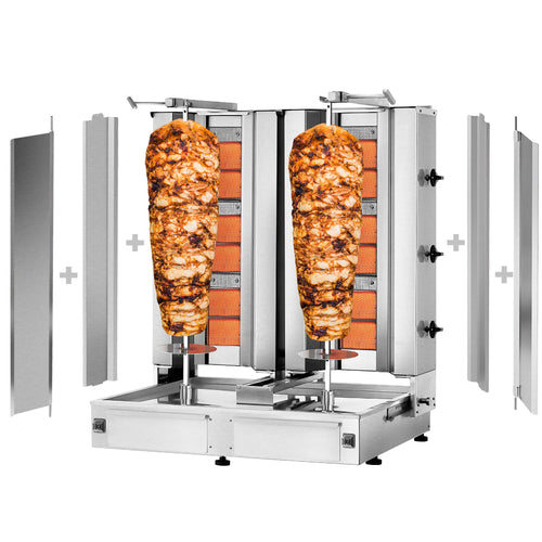 Gas Doner Kebab Grill (Shawarma/Gyros) - Twin x 3 Burner - up to 80kg - 19.5kW - Countertop - incl. 2 splash guards & 2 double doors