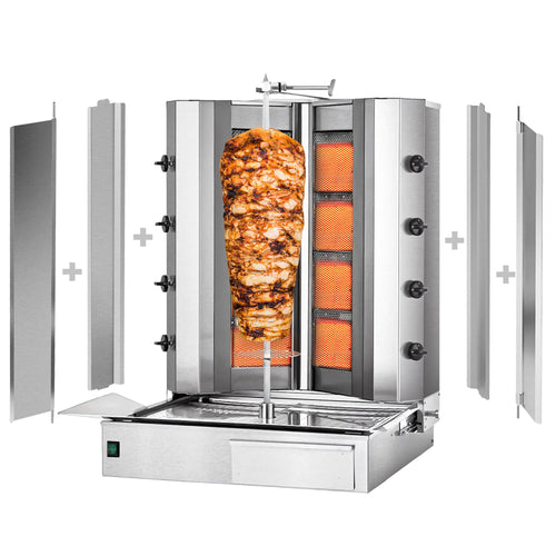 Kaasu Kebabgrilli - V-malli - 4+4 poltinta - 32,5 kW - max. 100 kg lihaa - Lattiamalli - sis. 2 suojalevyä ja 2 pariovea