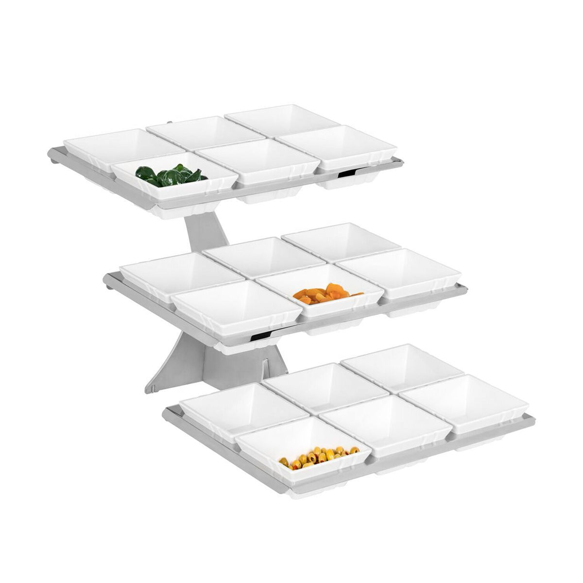 Buffetteline - Ruostumaton teräs - kulmikas - 320x460 mm - 3-tasoinen - Korkeus: 412 mm - sis. 18 melamiinikulhoa 140x140 mm - ominaisuudet: helppo puhdistaa; vakaa