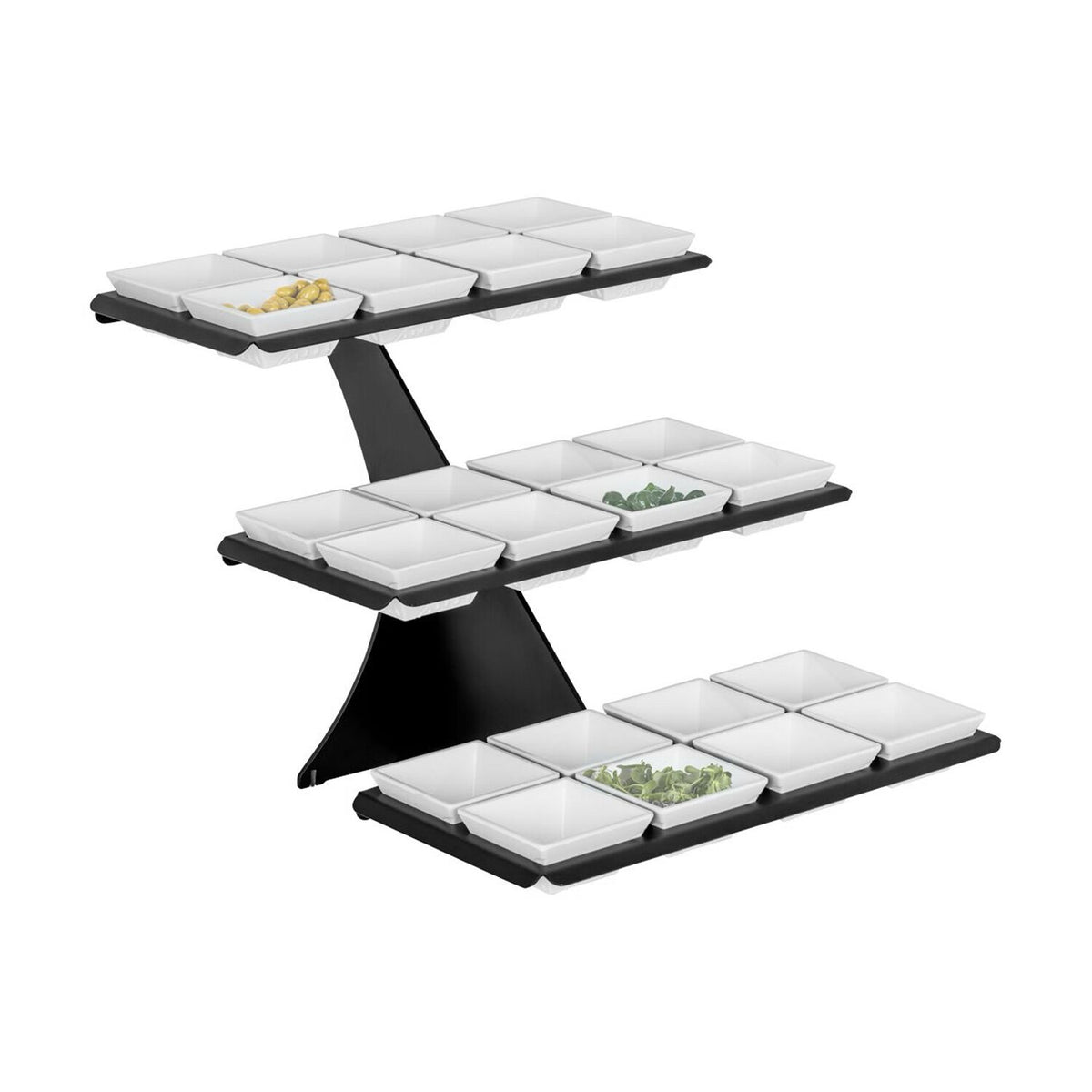 Buffetteline - BLACK LINE - Ruostumaton teräs, musta - kulmikas - 320x460 mm - 3-tasoinen - Korkeus: 420 mm - sis. 24 melamiinikulhoa 100x100 mm - ominaisuudet: helppo puhdistaa