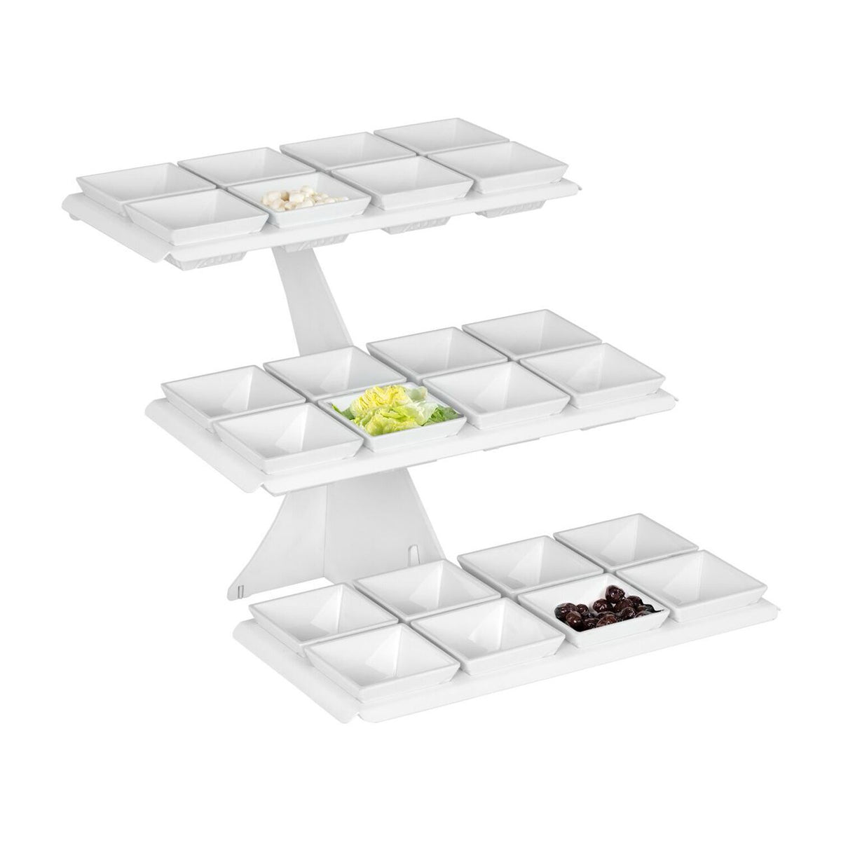 Buffetteline - valkoinen, melamiini; runko: ruostumaton teräs, jauhemaalattu - kulmikas - 320x460 mm - 3-tasoinen - Korkeus: 420 mm - sis. 24 melamiinikulhoa 100x100 mm