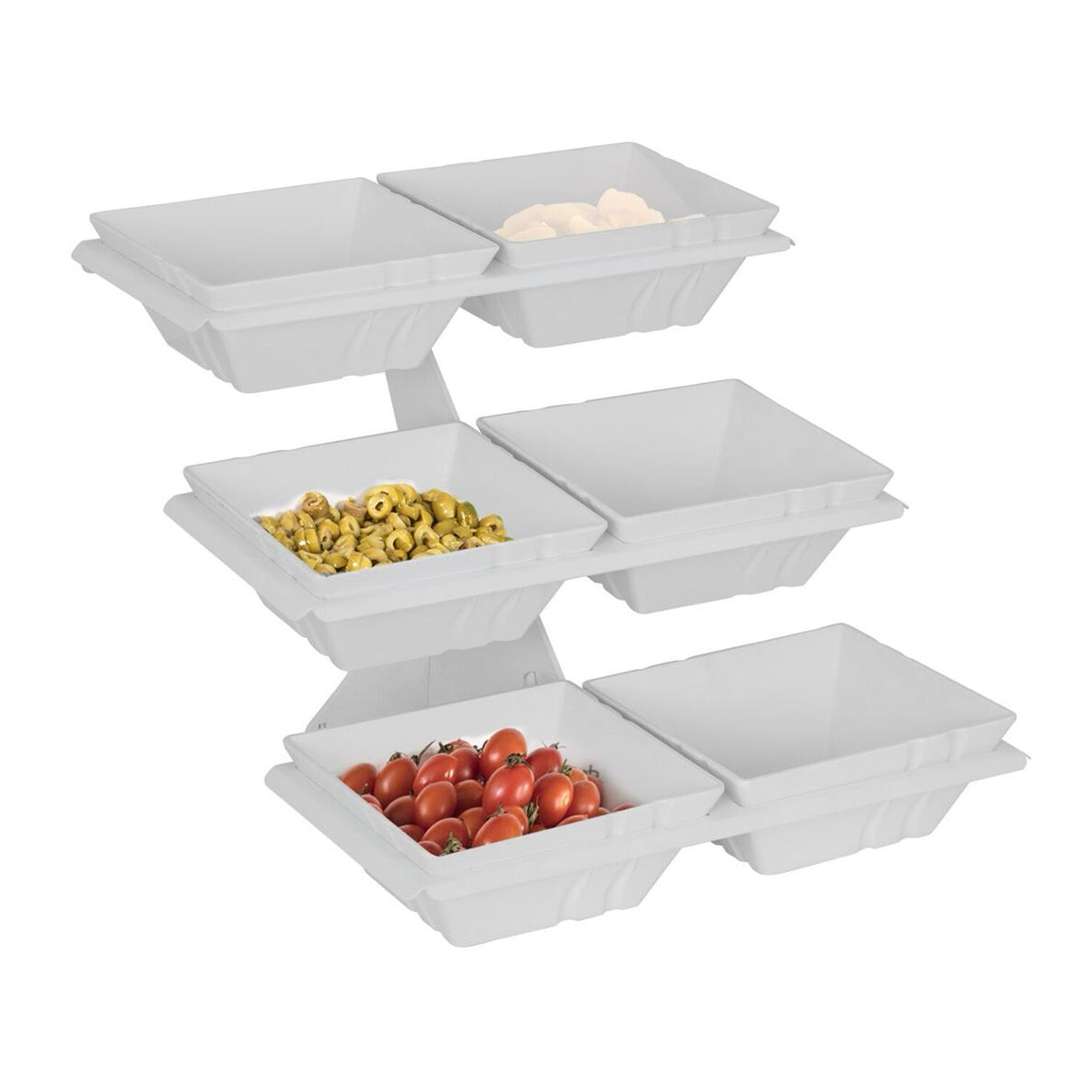 Etagere / Buffet Stand - Metal frame - White - square - Height: 415mm - incl. 6 Melamine bowls 240x240mm - with 3 shelves