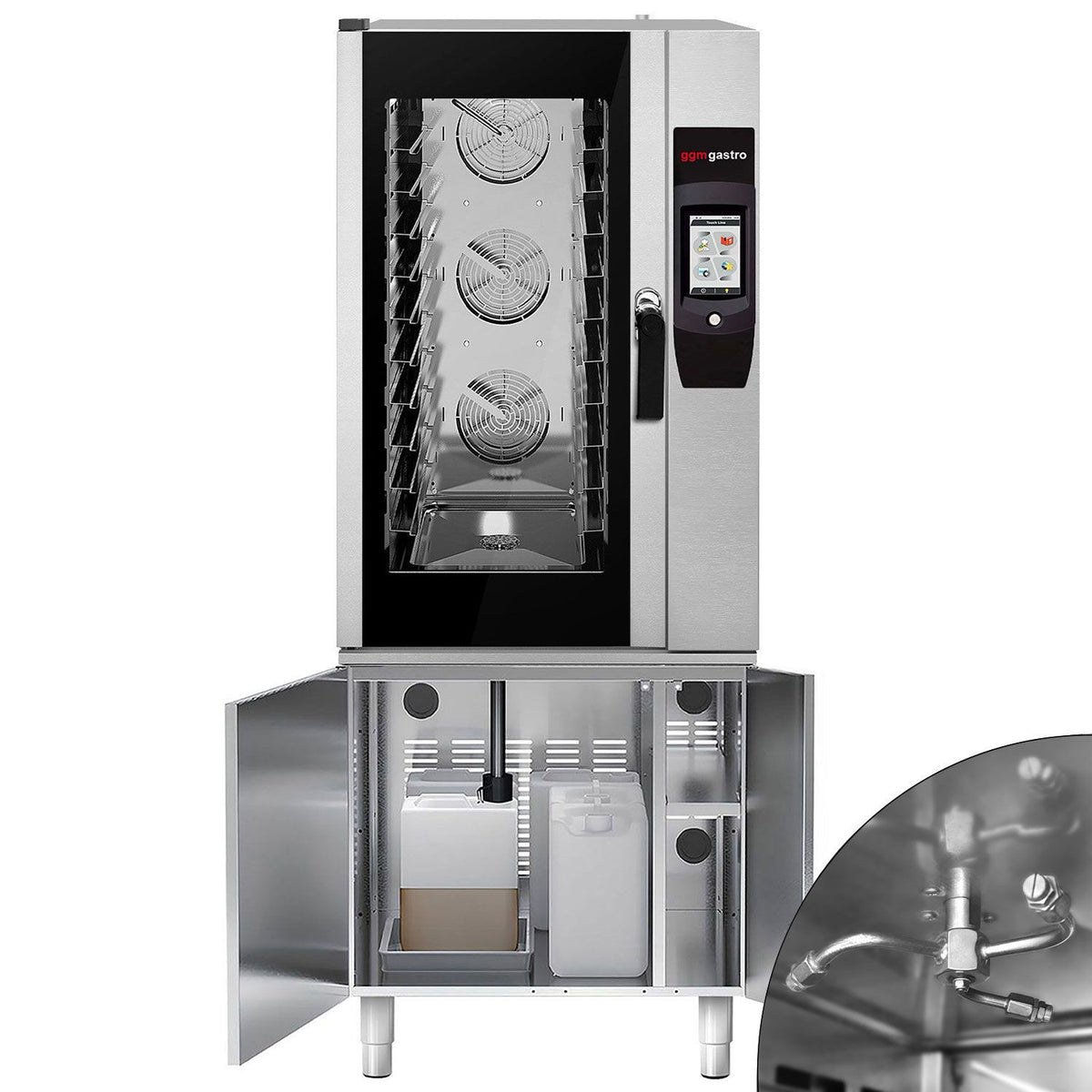 Commercial Electric Combi Oven - Touchscreen Controls - 10x GN 1/1 - incl. Automatic washing system, Core temperature probe, Fat collection tray, Base cabinet, Wi‑Fi & USB, USB port, Halogen lighting