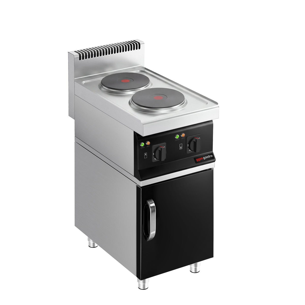 Sähköliesi Mario 700 ‑sarja - 400x700x1 000 mm - 4,6 kW - 2 keittolevyä pyöreä - jalustalla - sis. alakaappi, 1 ovea