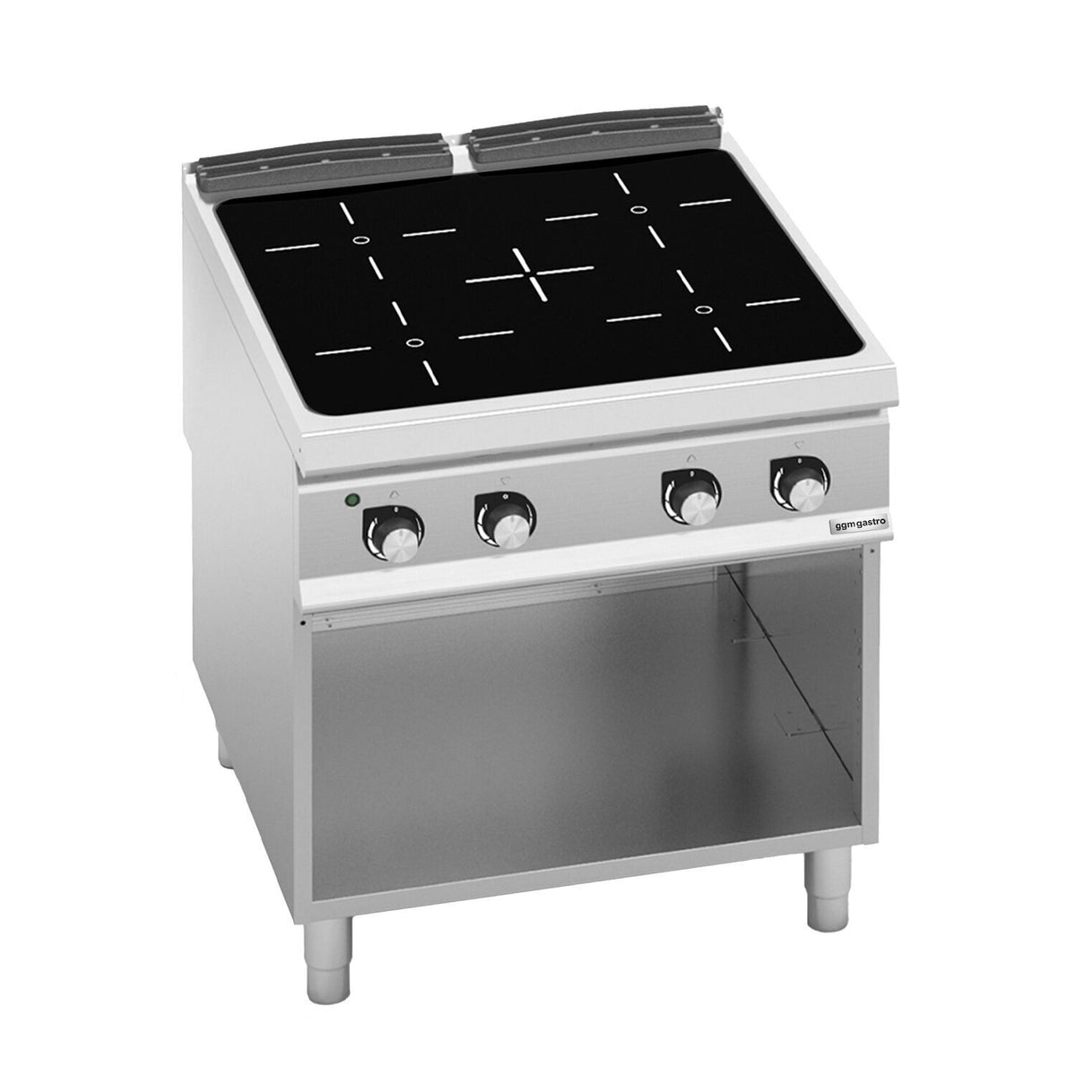 Sähköliesi Paolo 900 ‑sarja - 800x900x940 mm - 16 kW - 4 keittolevyä - jalustalla - avoin, pohjahyllyllä & keräyslaatikolla
