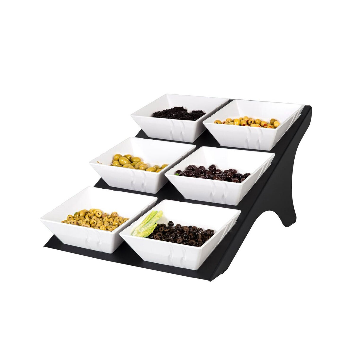 Buffetständer - musta, ruostumaton teräs; melamiini - kulmikas - 510x720 mm - Korkeus: 330 mm - sis. 6 melamiinikulhoa 22x22 cm - ominaisuudet: pulverimaalattu; erittäin kestävä; elintarviketurvalliset materiaalit