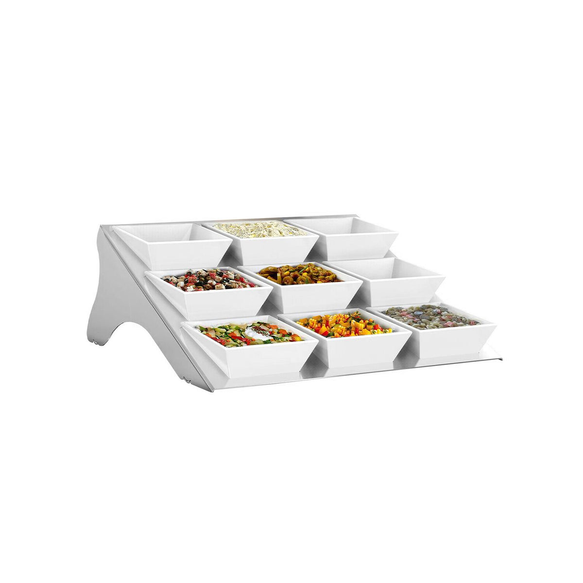 Buffetteline - Ruostumaton teräs - kulmikas - 335x340 mm - 9-tasoinen - Korkeus: 115 mm - sis. 9 melamiinikulhoa - ominaisuudet: elintarvikekelpoiset materiaalit