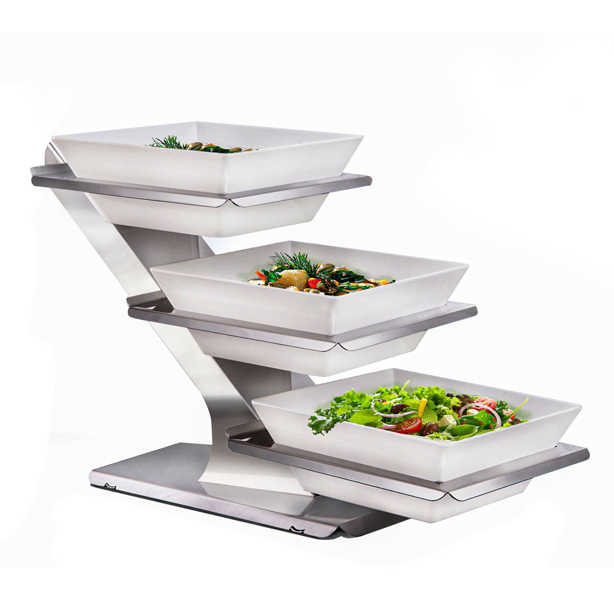 Buffetteline - Ruostumaton teräs, kromi - 3-tasoinen - Korkeus: 480 mm - sis. 3 melamiinikulhoa - ominaisuudet: elintarvikekelpoinen; erittäin kestävä - 300x300 mm