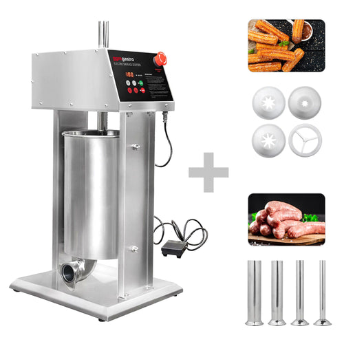 Sähköinen makkaratäyttökone & churrokone - 15 l - 90 W - ruostumaton teräs - sis. jalkapedaali & 4 täyttöputkea & 3 churrosuutinta